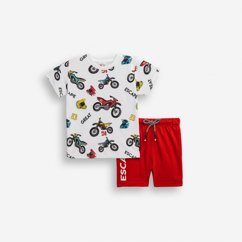 Παιδικό Σετ Μακό με Μπλούζα Μηχανές Allover και Βερμούδα Αγόρι (2-6) –Λευκό– 126-301207-1