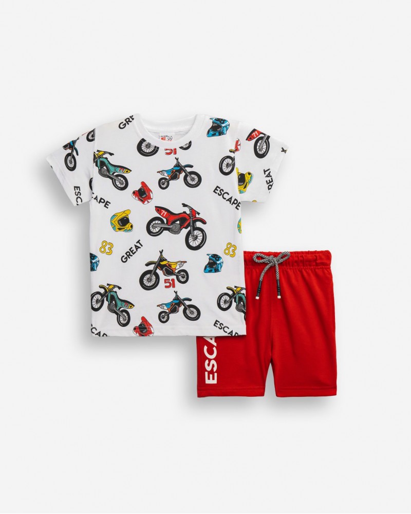 Παιδικό Σετ Μακό με Μπλούζα Μηχανές Allover και Βερμούδα Αγόρι (2-6) –Λευκό– 