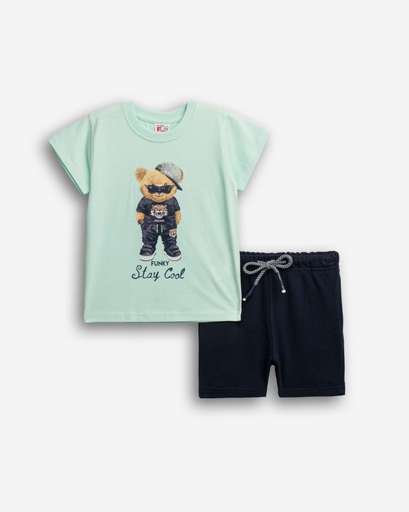 Παιδικό Σετ Μακό με Μπλούζα Stay Cool Αρκουδάκι και Βερμούδα Αγόρι (2-6) –Άκουα– 