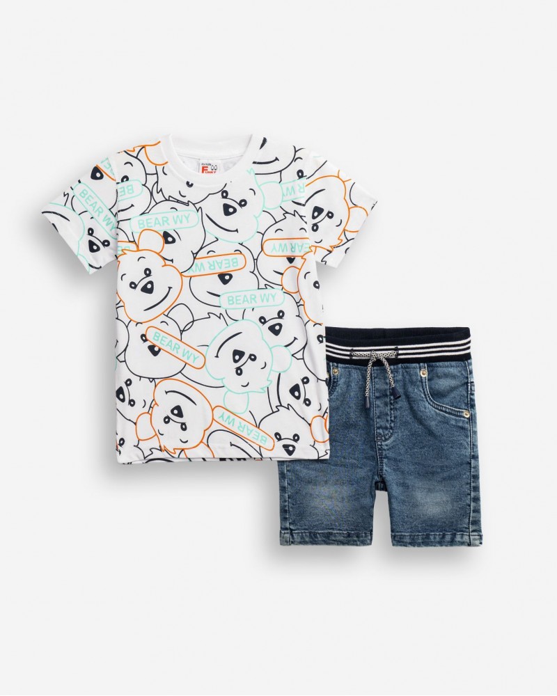 Παιδικό Σετ με Μπλούζα Bear WY Allover και Τζιν Βερμούδα Αγόρι (1-6) –Λευκό– 