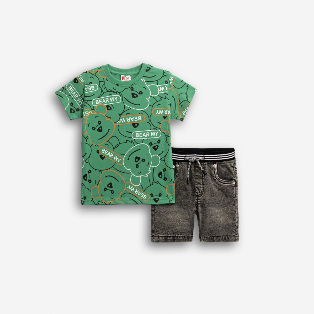Παιδικό Σετ με Μπλούζα Bear WY Allover και Τζιν Βερμούδα Αγόρι (1-6) –Πράσινο– 126-302101-2