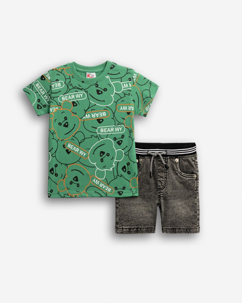 Παιδικό Σετ με Μπλούζα Bear WY Allover και Τζιν Βερμούδα Αγόρι (1-6) –Πράσινο– 