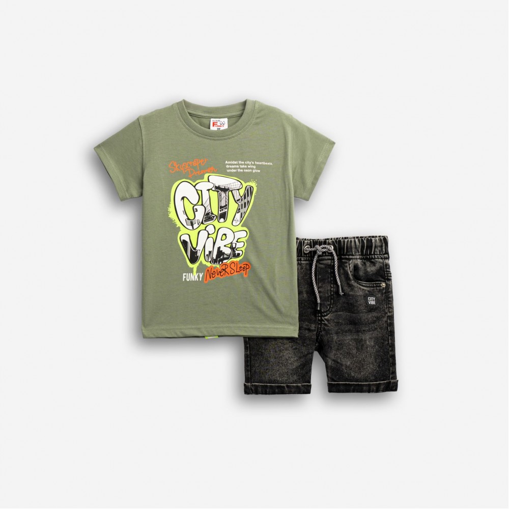 Παιδικό Σετ με Μπλούζα City Vibe και Τζιν Βερμούδα Αγόρι (1-6) –Ανοιχτό Χακί– 126-302105-2