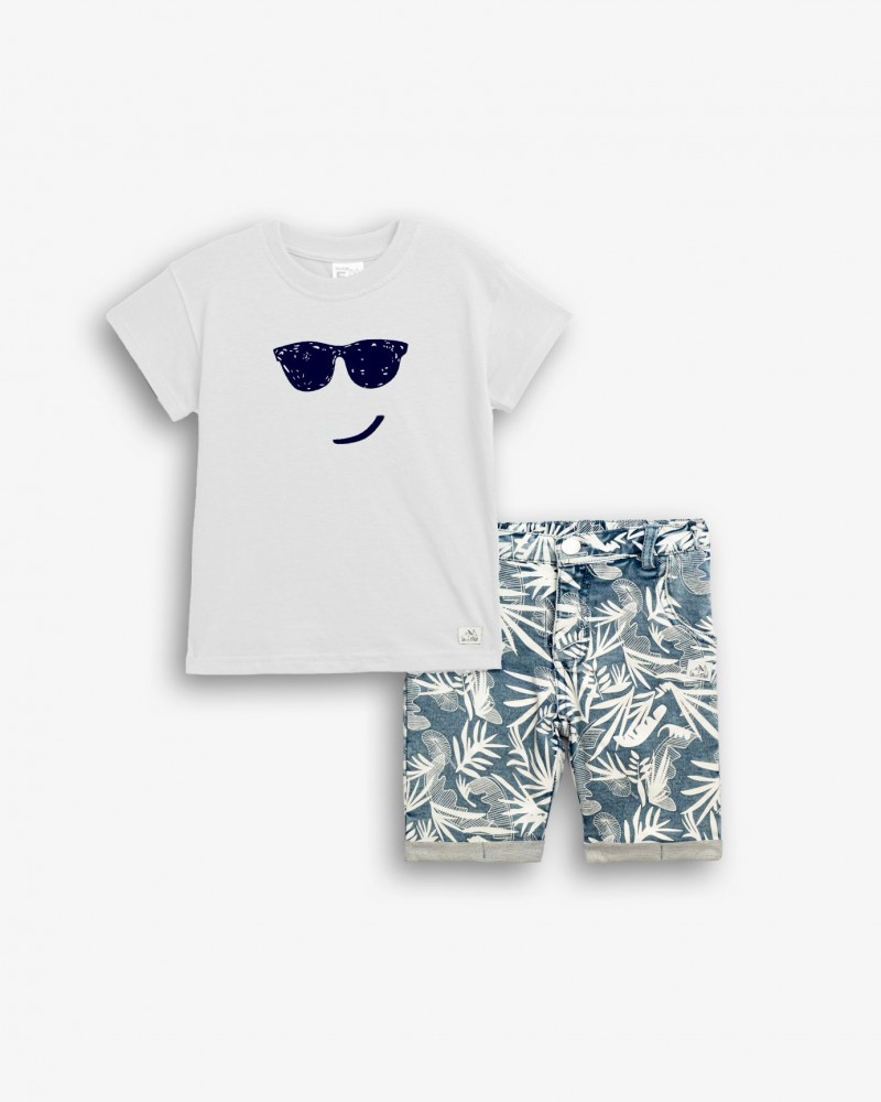 Παιδικό Σετ με Μπλούζα Φατσούλα Cool και Βερμούδα Τζιν Αγόρι (2-6) –Λευκό– 126-302107-1
