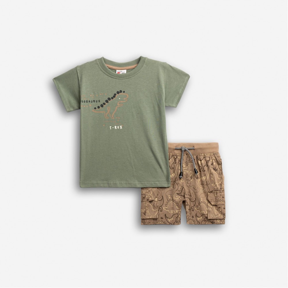 Παιδικό Σετ με Μπλούζα Dinosaurus και Βερμούδα Cargo Αγόρι (1-6) –Χακί– 126-303103-1