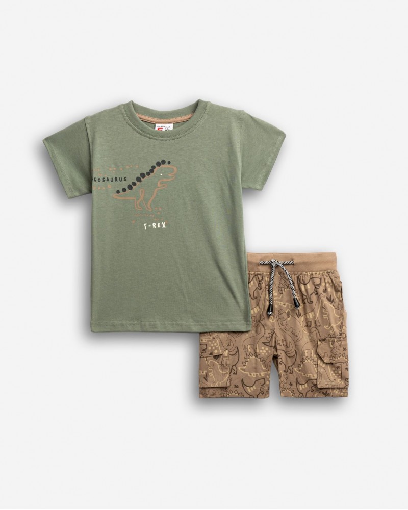 Παιδικό Σετ με Μπλούζα Dinosaurus και Βερμούδα Cargo Αγόρι (1-6) –Χακί– 