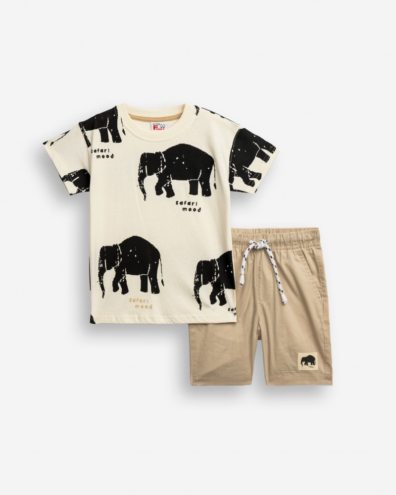 Παιδικό Σετ με Μπλούζα Safari Mood Ελέφαντες και Βερμούδα Αγόρι (1-6) –Εκρού– 