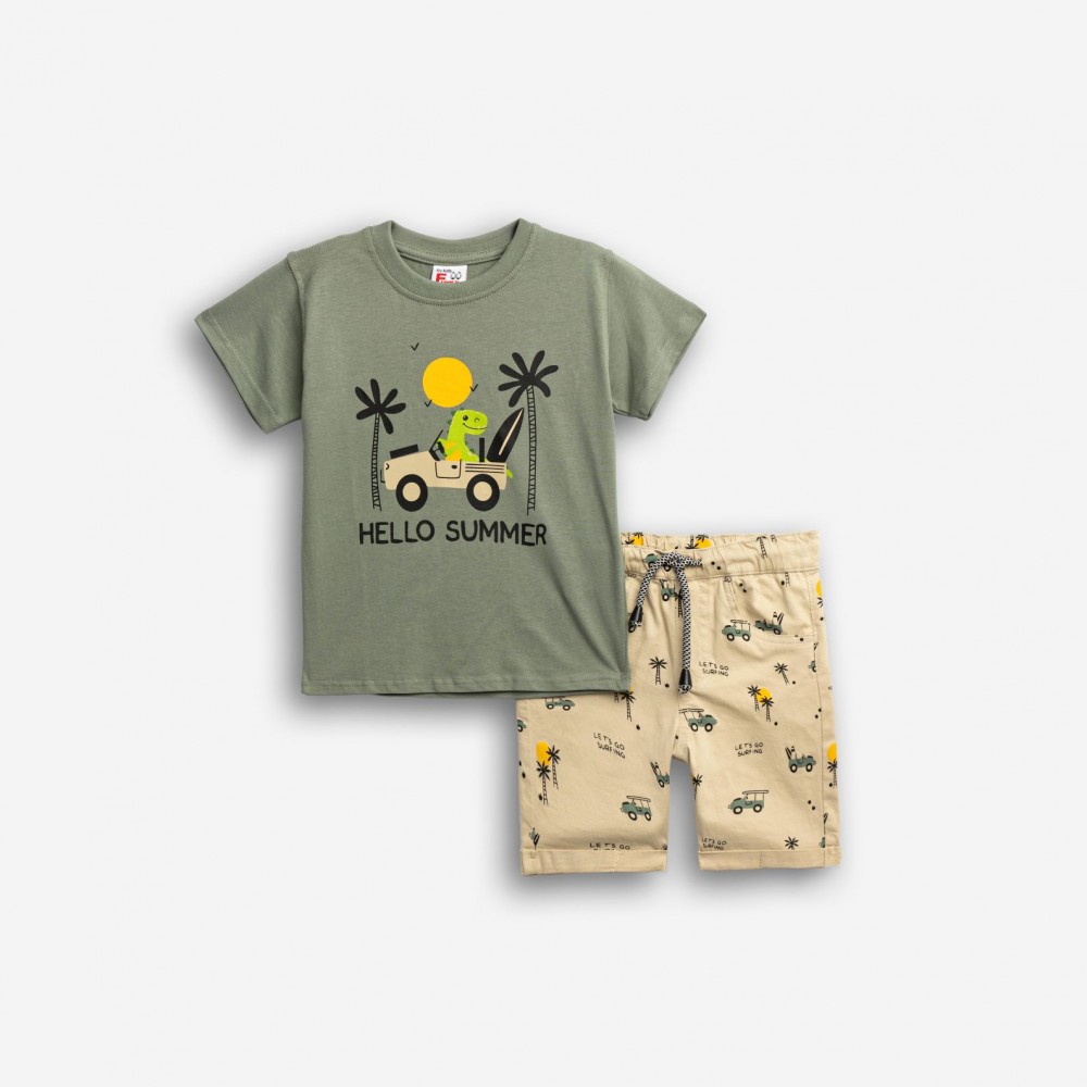 Παιδικό Σετ με Μπλούζα Hello Summer και Βερμούδα Αγόρι (1-6) –Χακί– 