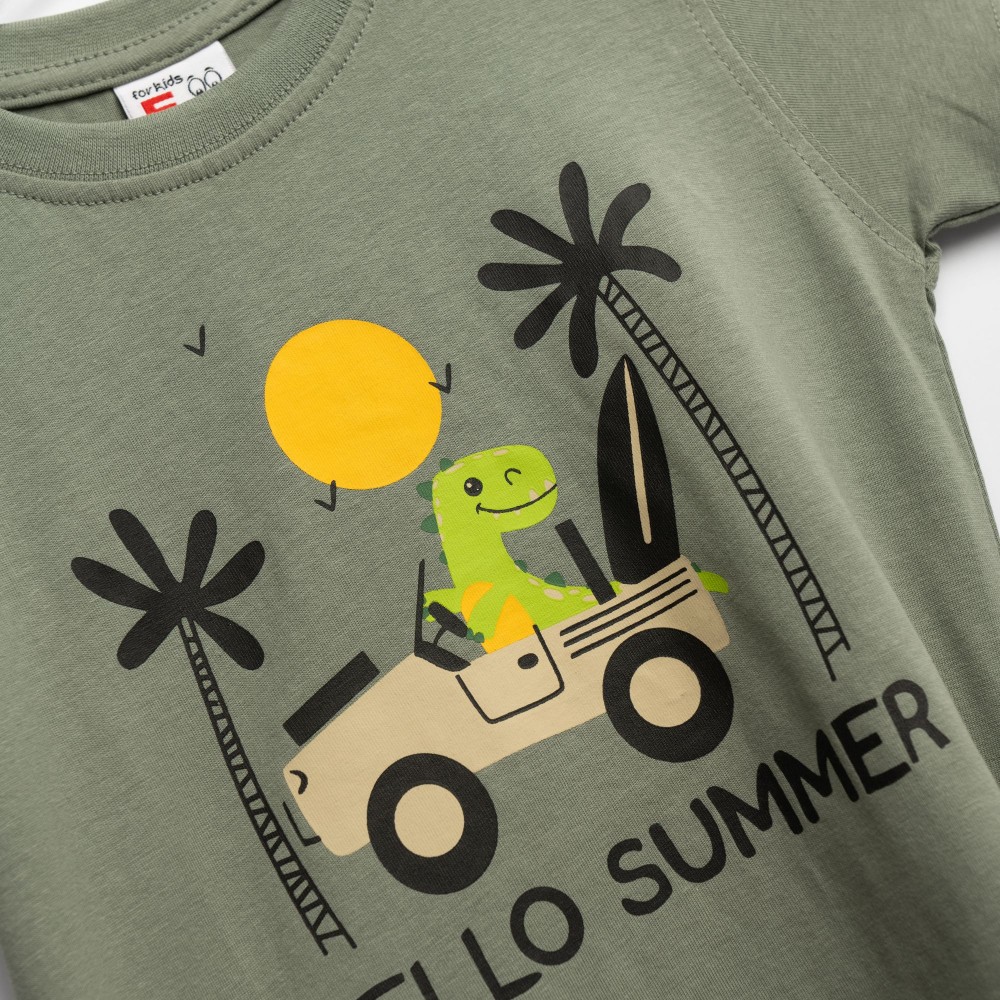 Παιδικό Σετ με Μπλούζα Hello Summer και Βερμούδα Αγόρι (1-6) –Χακί– 