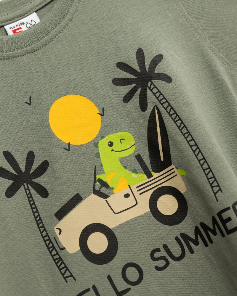 Παιδικό Σετ με Μπλούζα Hello Summer και Βερμούδα Αγόρι (1-6) –Χακί– 