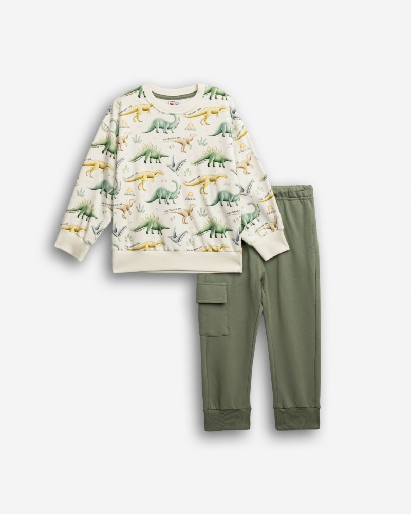 Παιδικό Σετ Φούτερ Φόρμα Εποχής Δεινόσαυροι Αγόρι (2-6) -Εκρού- 