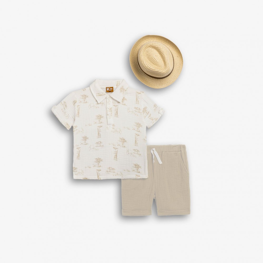 Παιδικό Σετ 3Τμχ με Μπλούζα Πόλο, Βερμούδα και Καπέλο Καβουράκι Αγόρι (2-6) –Εκρού– 126-393104-1