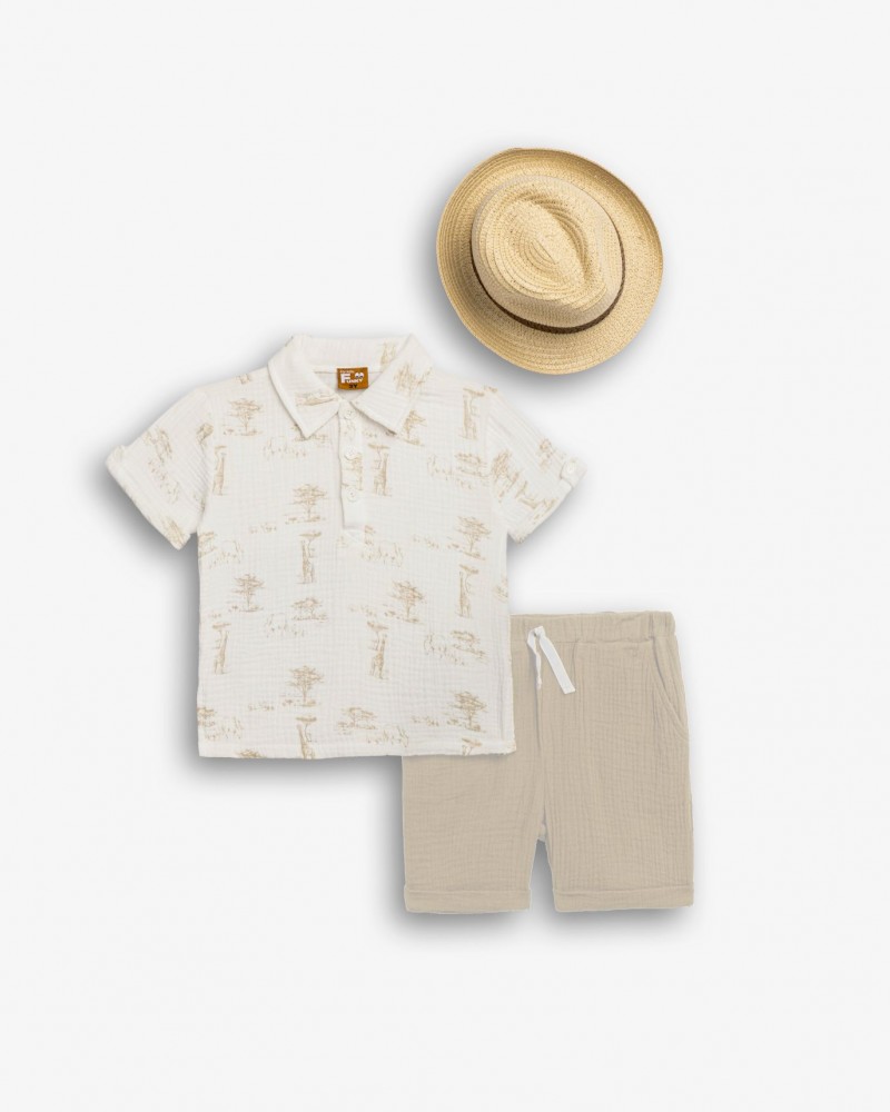 Παιδικό Σετ 3Τμχ με Μπλούζα Πόλο, Βερμούδα και Καπέλο Καβουράκι Αγόρι (2-6) –Εκρού– 