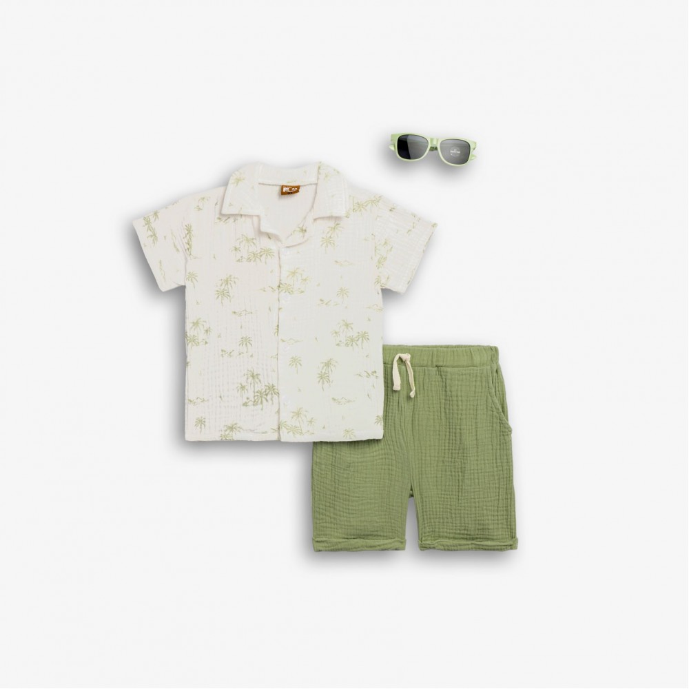 Παιδικό Σετ 3Τμχ με Πουκάμισο Φοίνικες, Βερμούδα και Γυαλιά Αγόρι (2-6) –Χακί– 126-393116-1
