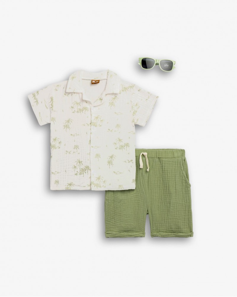 Παιδικό Σετ 3Τμχ με Πουκάμισο Φοίνικες, Βερμούδα και Γυαλιά Αγόρι (2-6) –Χακί– 