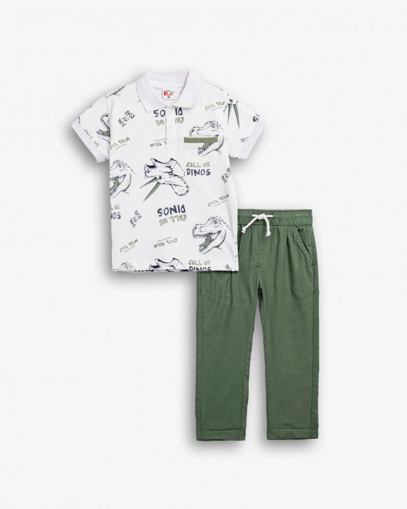 Παιδικό Σετ με Polo Μπλούζα Δεινόσαυροι Και Παντελόνι Αγόρι (2-6) -Λευκό- 