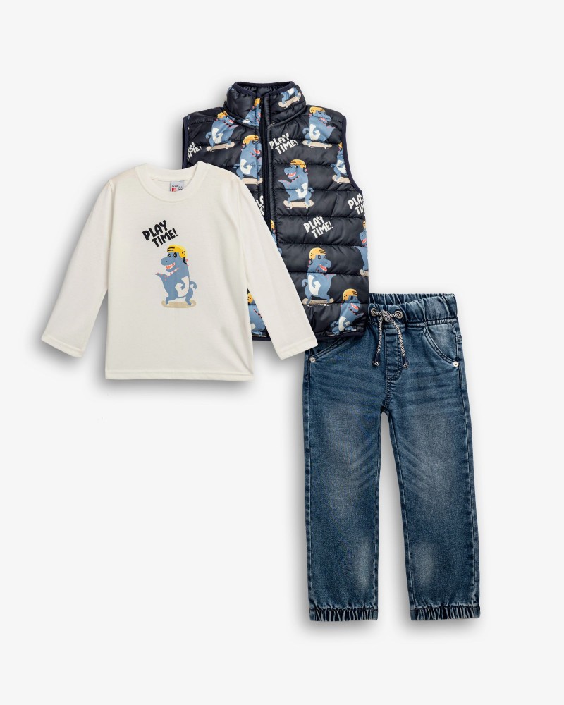 Παιδικό Σετ 3Τμχ με Αμάνικο Δεινόσαυροι, Μπλούζα Play και Παντελόνι Τζιν Αγόρι (2-6) -Μπλε- 