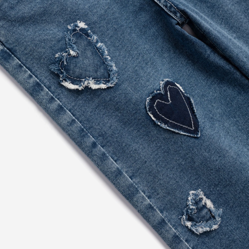Εφηβική Παντελόνα Τζιν Μαλακό με Ραμμένες Καρδούλες Κορίτσι (6-16) –Μπλε Τζιν– 