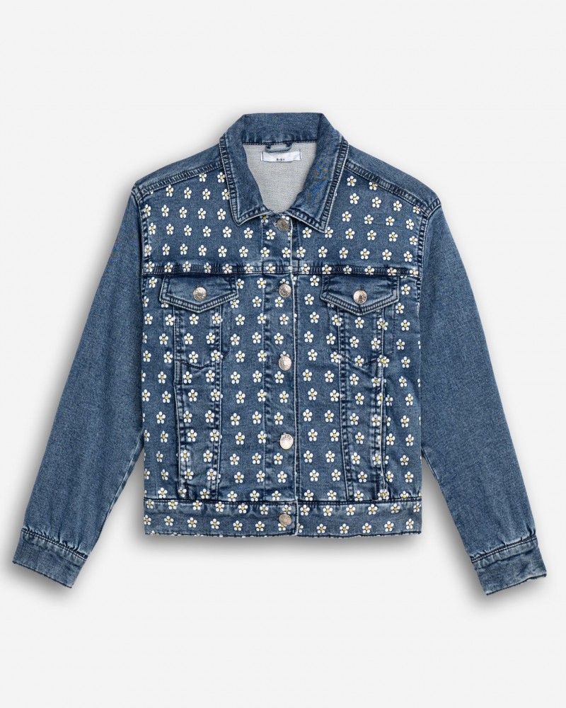 Εφηβικό Jean Τζάκετ Μαλακό Με Τύπωμα Ανθάκια Denim Jacket Κορίτσι (6-16) -Μπλε Τζιν- 
