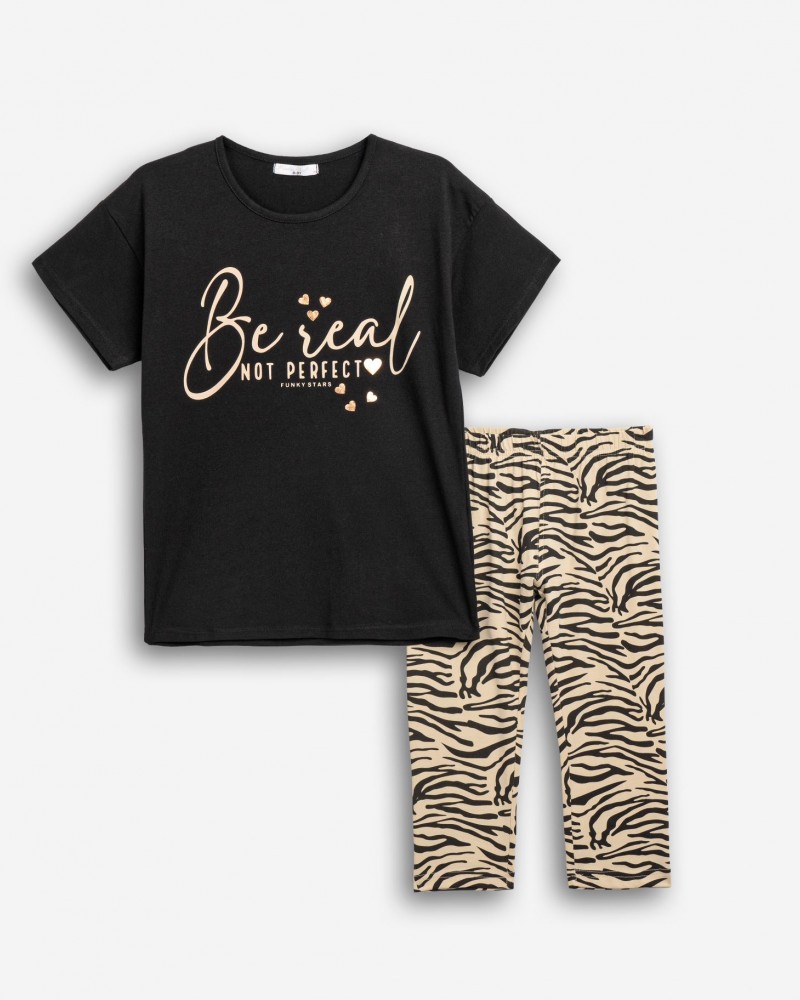Εφηβικό Σετ με Μπλούζα Be Real Και Κολάν Κάπρι Κορίτσι (6-16) -Μαύρο- 