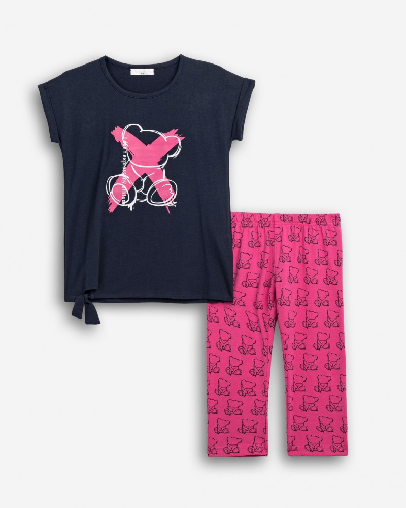 Εφηβικό Σετ με Μπλούζα Αρκουδάκι Και Κολάν Κάπρι Κορίτσι (6-16) -Μπλε- 