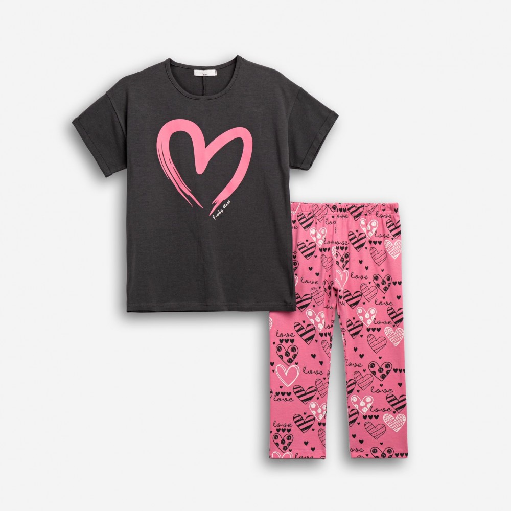 Εφηβικό Μακό Σετ με Μπλούζα Καρδιά Και Κολάν Κάπρι Κορίτσι (6-16) -Ανθρακί- 