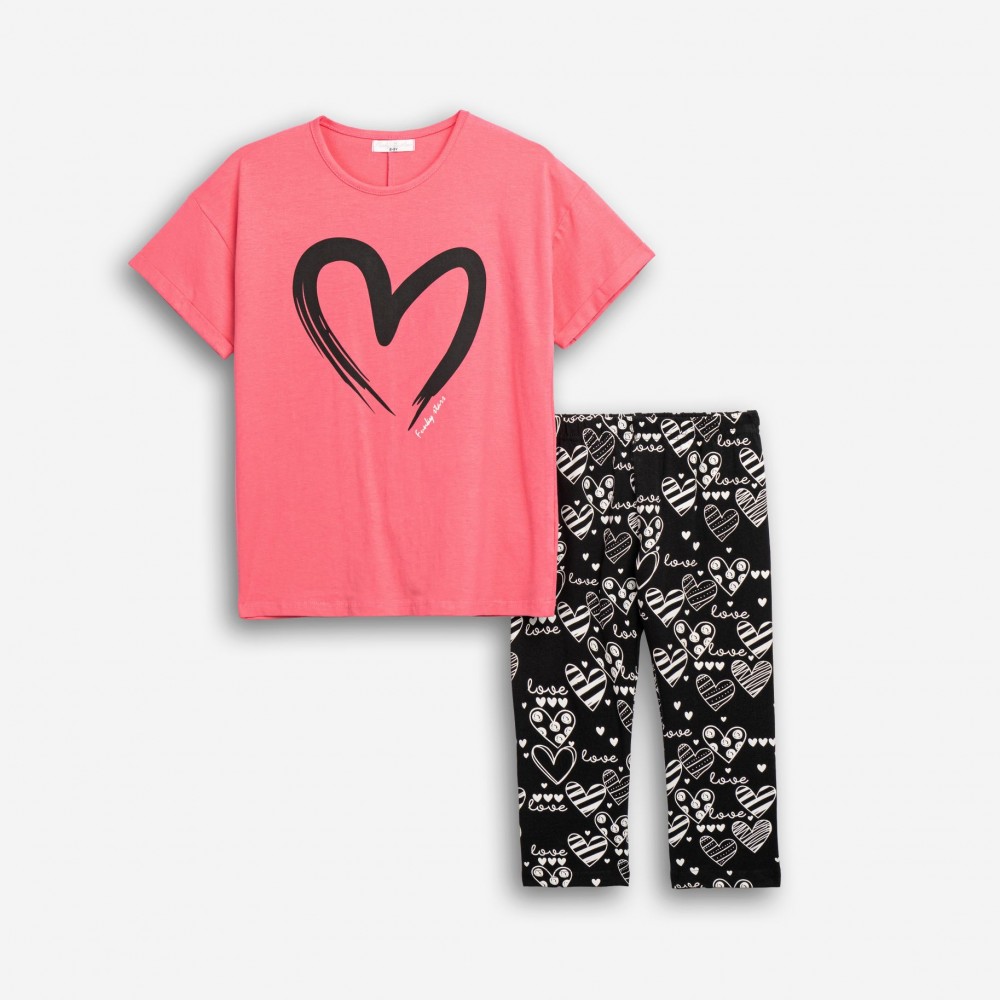 Εφηβικό Μακό Σετ με Μπλούζα Καρδιά Και Κολάν Κάπρι Κορίτσι (6-16) -Φλαμίγκο- 