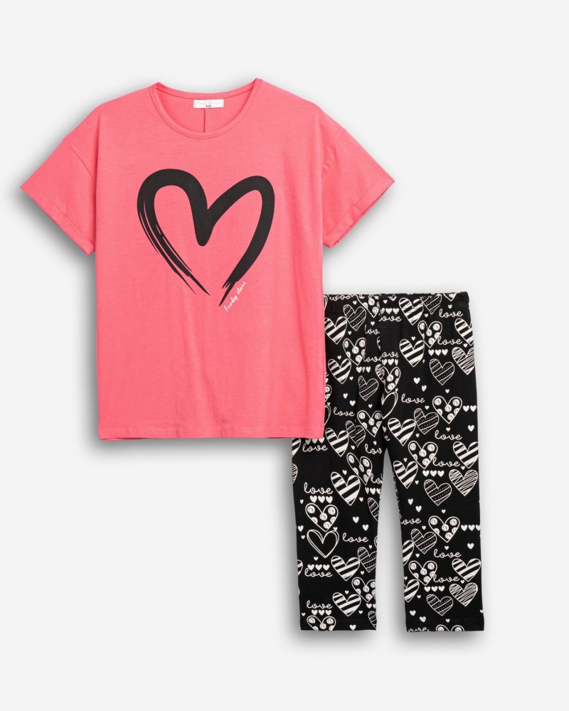 Εφηβικό Μακό Σετ με Μπλούζα Καρδιά Και Κολάν Κάπρι Κορίτσι (6-16) -Φλαμίγκο- 