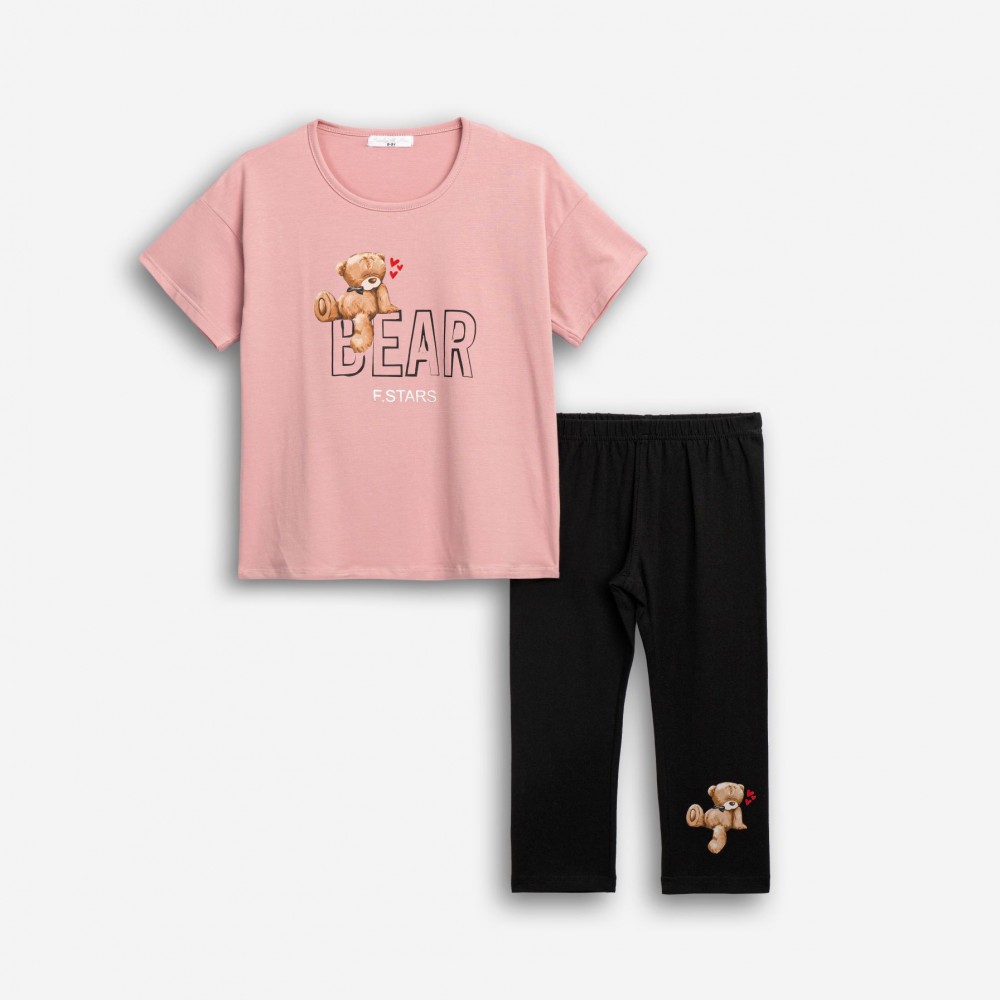 Εφηβικό Μακό Σετ με Μπλούζα Bear Και Κολάν Κάπρι Κορίτσι (6-16) -Πούδρα- 