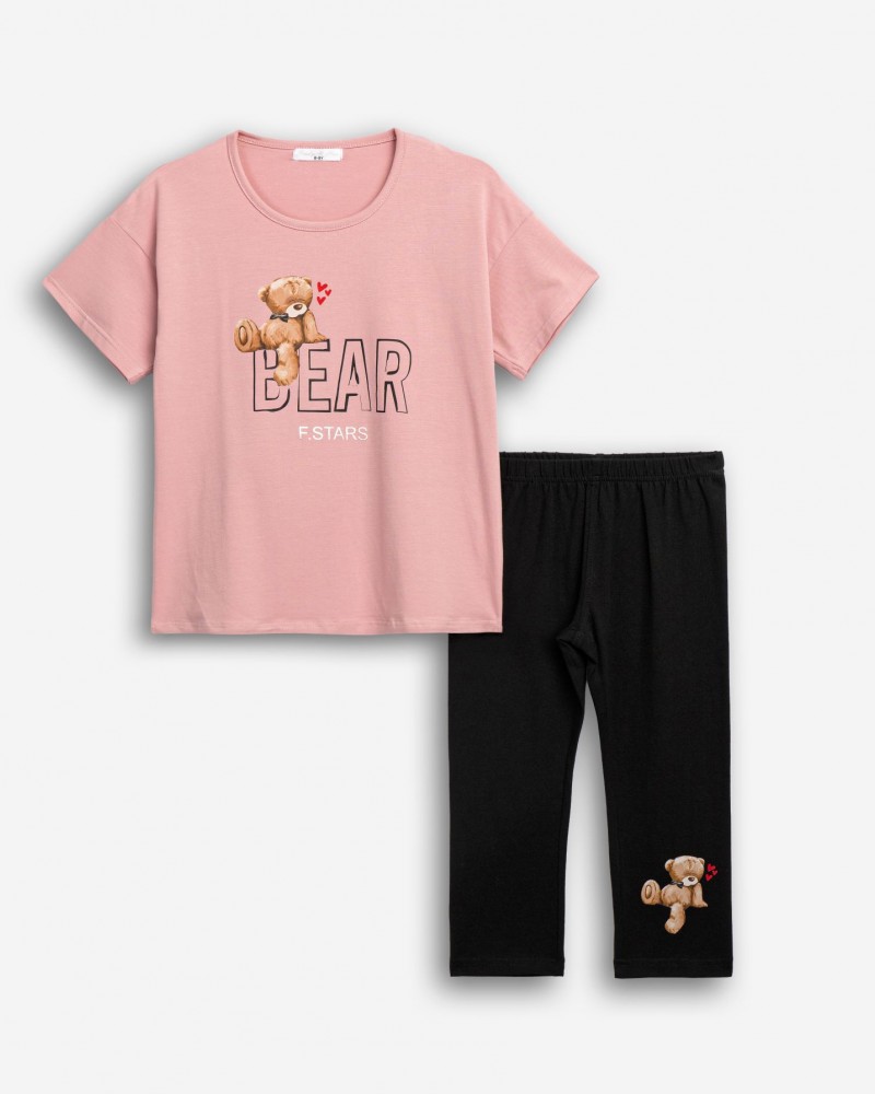 Εφηβικό Μακό Σετ με Μπλούζα Bear Και Κολάν Κάπρι Κορίτσι (6-16) -Πούδρα- 