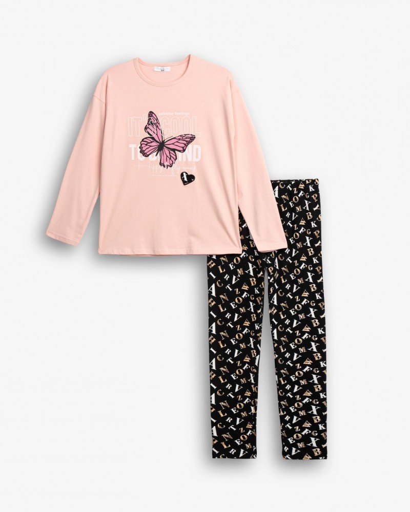 Εφηβικό Σετ Κολάν Εποχής Με Τύπωμα Πεταλούδα Κορίτσι (6-16) -Ροζ- 