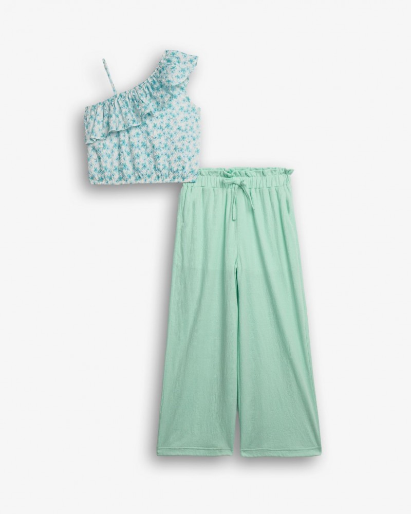 Εφηβικό Σετ με Μπλουζάκι Floral Και Παντελόνα Κορίτσι (6-16) -Τυρκουάζ- 