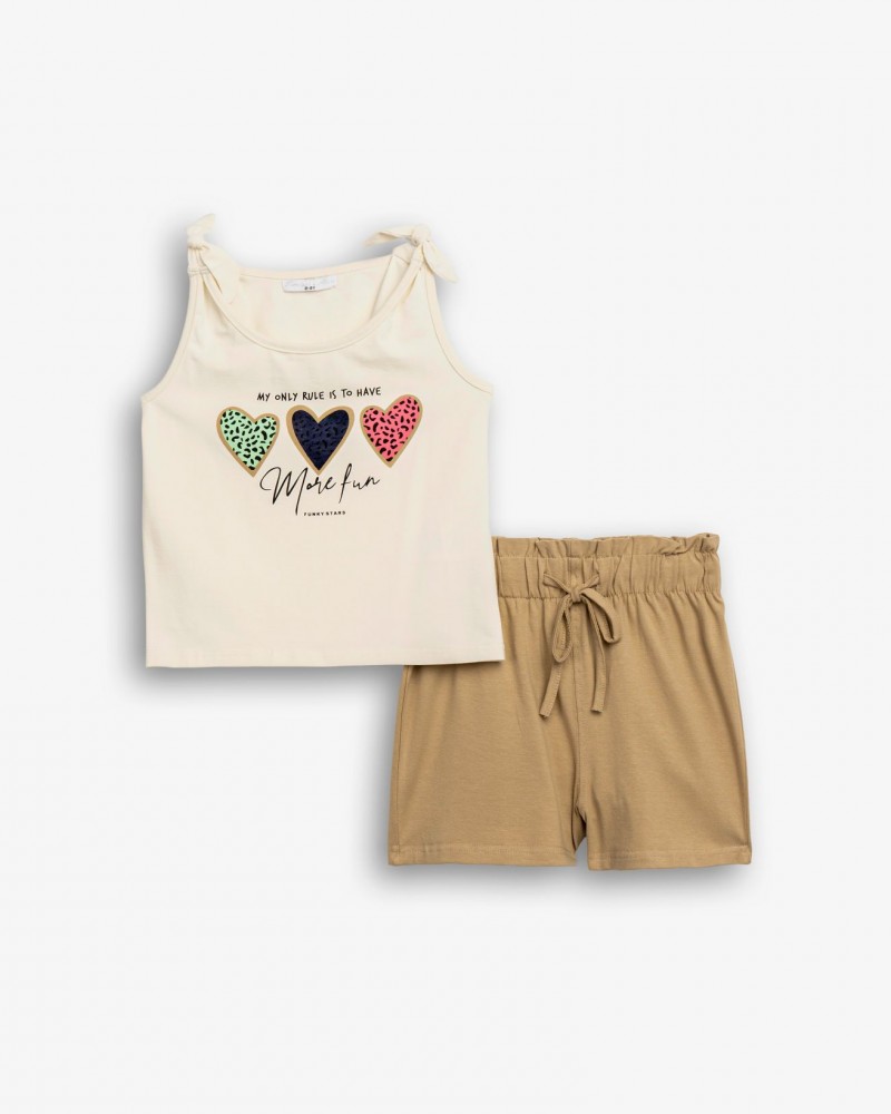 Εφηβικό Μακό Σετ με Αμάνικη Μπλούζα Καρδιές More Fan Και Σορτς Κορίτσι (6-16) -Εκρού- 
