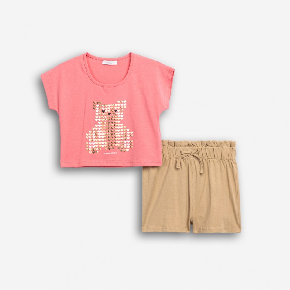 Εφηβικό Μακό Σετ με Μπλούζα Αρκουδάκι Και Σορτς Κορίτσι (6-16) -Μόκα- 126-524109-1