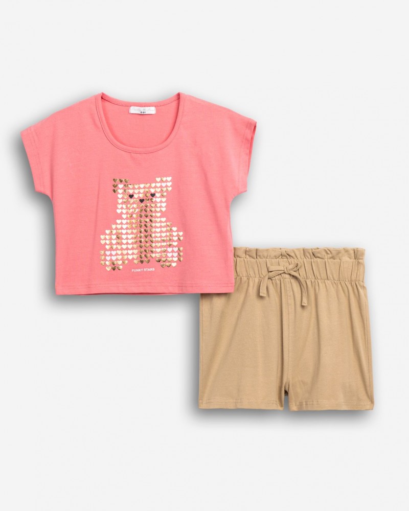 Εφηβικό Μακό Σετ με Μπλούζα Αρκουδάκι Και Σορτς Κορίτσι (6-16) -Μόκα- 