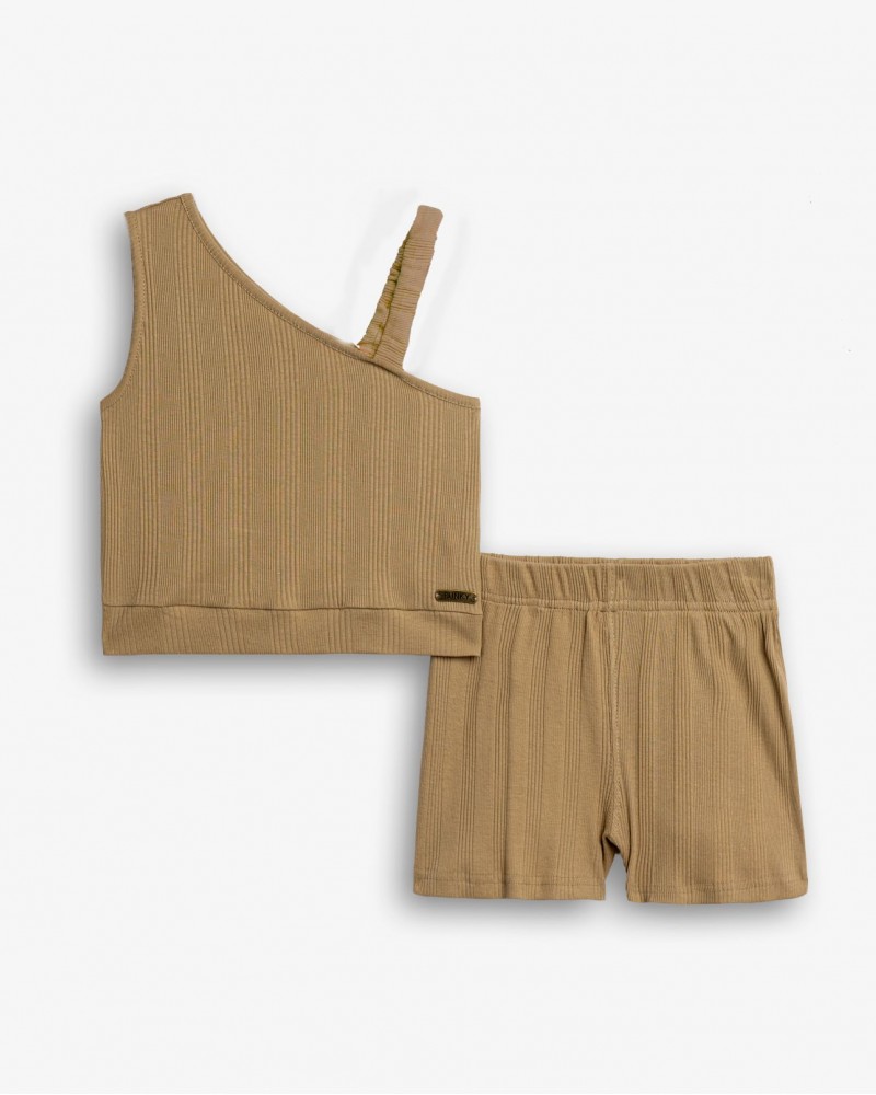 Εφηβικό Σετ Ριπ με Μπλούζα Τοπ Και Σορτς Κορίτσι (6-16) -Μόκα- 