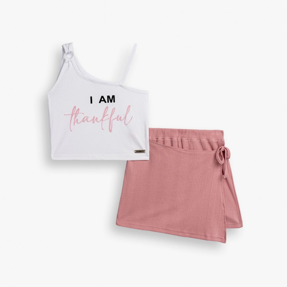 Εφηβικό Σετ με Μπλούζα Τιράντα I am Thankfull Και Σορτς Φάκελος Κορίτσι (6-16) -Λευκό- 126-524131-2