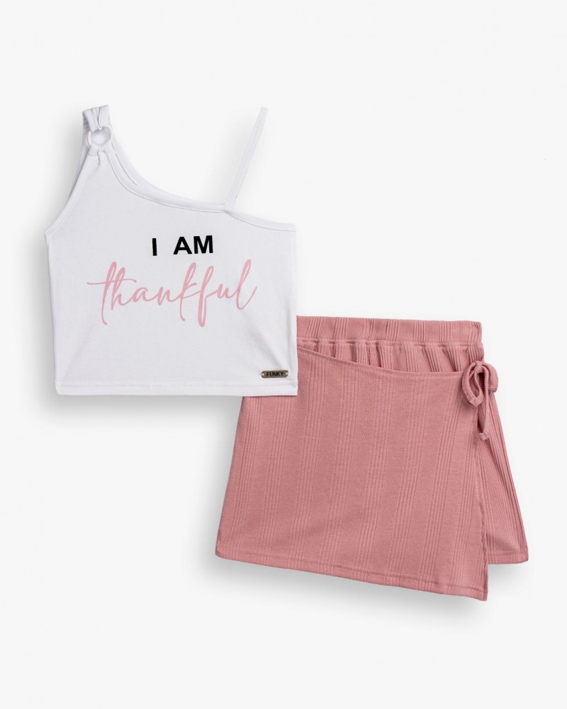 Εφηβικό Σετ με Μπλούζα Τιράντα I am Thankfull Και Σορτς Φάκελος Κορίτσι (6-16) -Λευκό- 