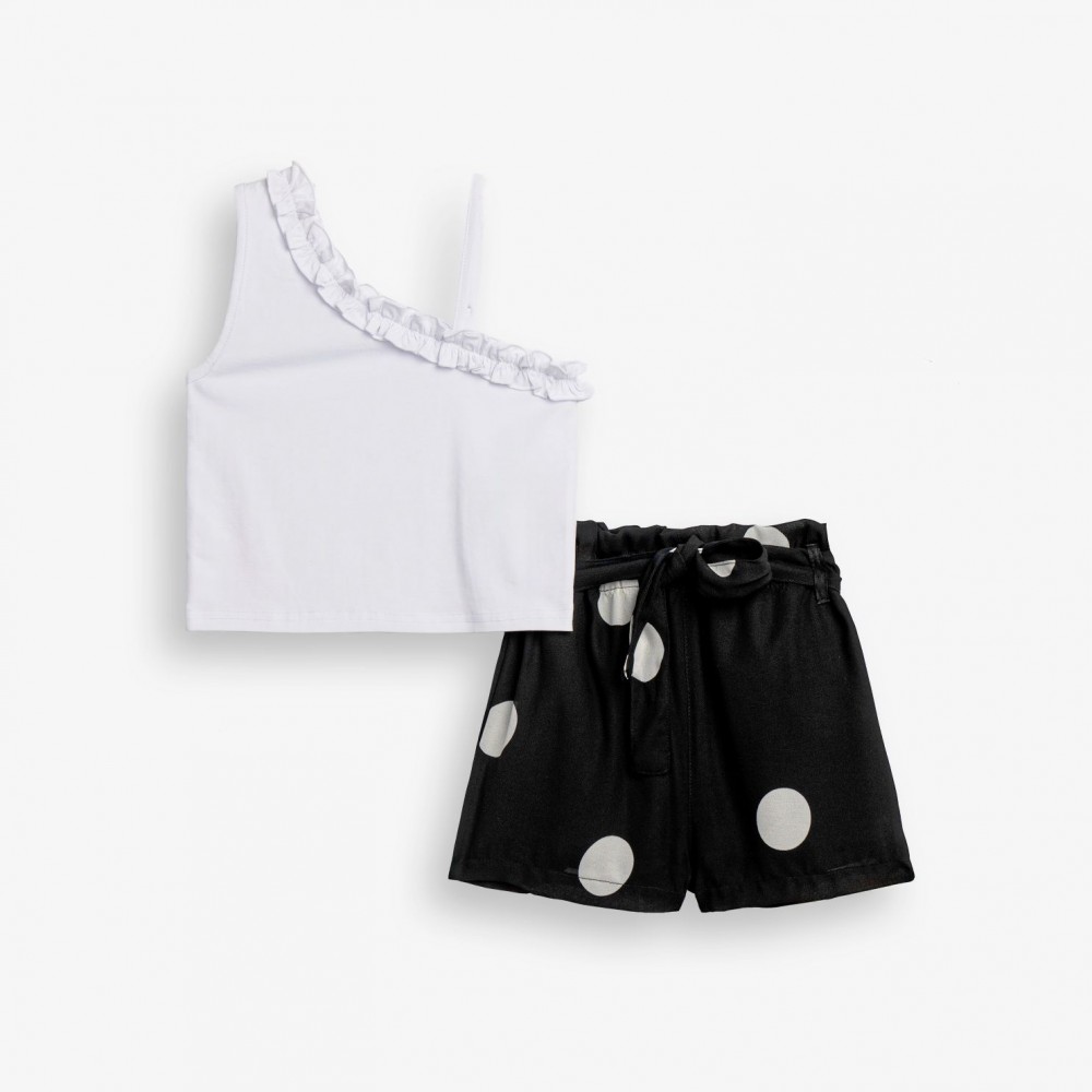 Εφηβικό Σετ με Μπλούζα Τοπ Τιράντα Και Σορτς Κρεπ Πουά Κορίτσι (6-16) -Λευκό- 126-525106-1