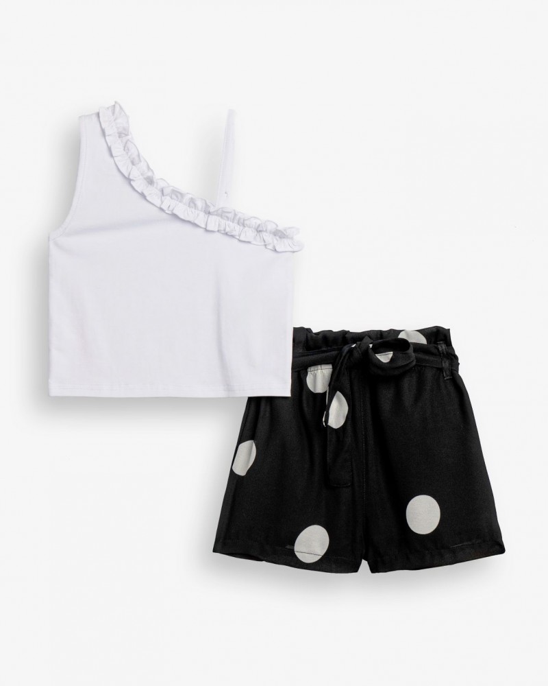 Εφηβικό Σετ με Μπλούζα Τοπ Τιράντα Και Σορτς Κρεπ Πουά Κορίτσι (6-16) -Λευκό- 