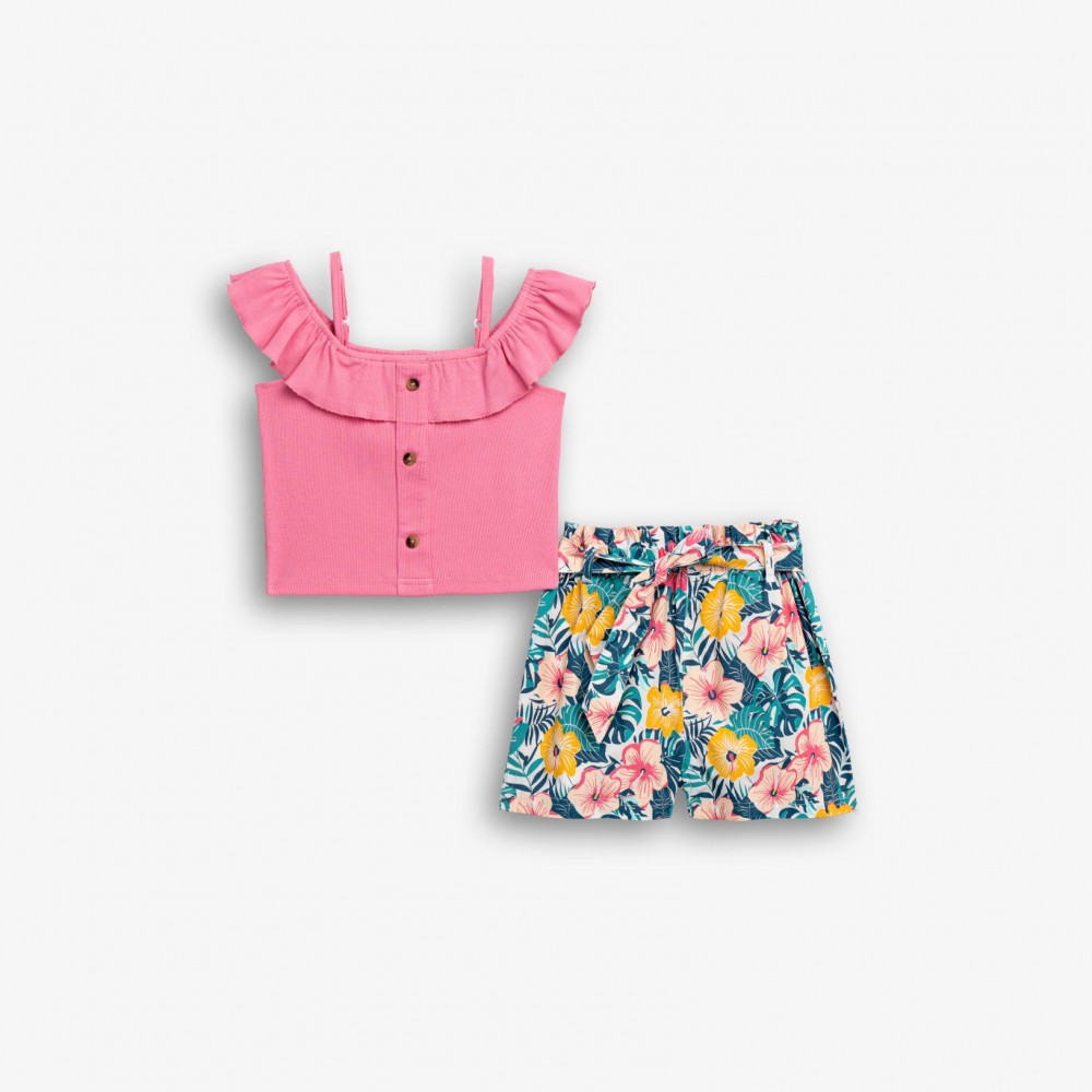 Εφηβικό Σετ με Μπλούζα Ριπ Τιράντα Και Σορτς Floral για Κορίτσι (6-16) -Candy Ροζ- 126-525112-1