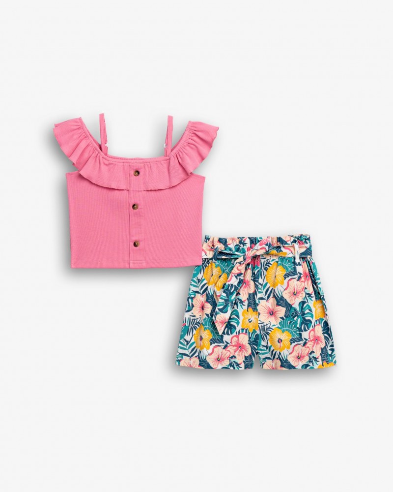 Εφηβικό Σετ με Μπλούζα Ριπ Τιράντα Και Σορτς Floral για Κορίτσι (6-16) -Candy Ροζ- 126-525112-1