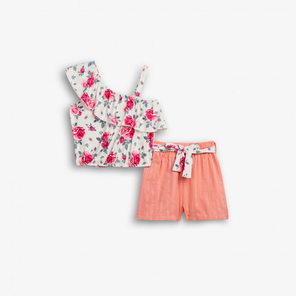 Εφηβικό Σετ με Μπλούζα Floral Τιράντα Και Σορτς Κορίτσι (6-16) -Λευκό- 126-525114-1