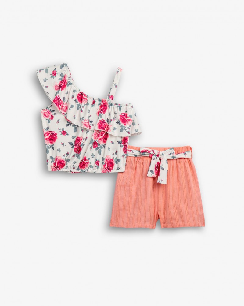 Εφηβικό Σετ με Μπλούζα Floral Τιράντα Και Σορτς Κορίτσι (6-16) -Λευκό- 