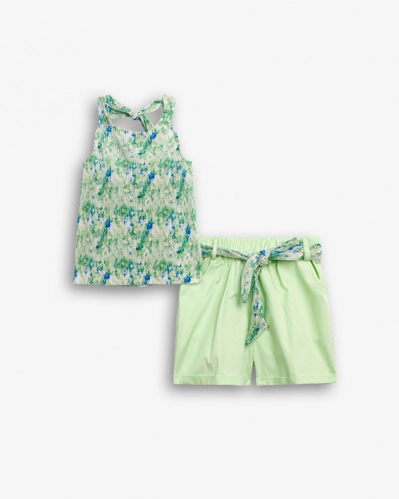 Εφηβικό Σετ με Μπλούζα Floral Allover Και Σορτς με Ζώνη Κορίτσι (6-16) -Λαχανί- 