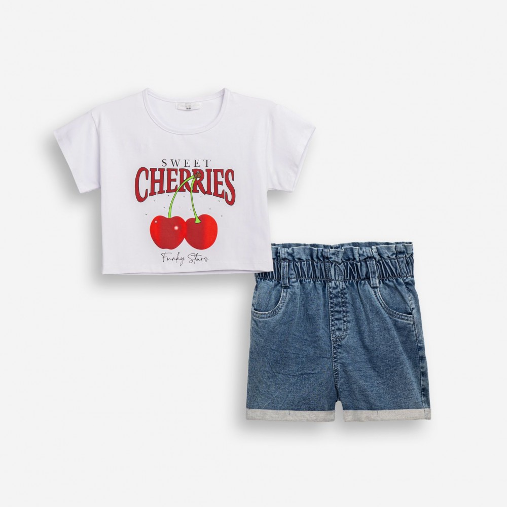 Εφηβικό Σετ με Μπλούζα Sweet Cherries Και Σορτς Τζιν Λύκρα Κορίτσι (6-16) -Λευκό- 126-526100-1