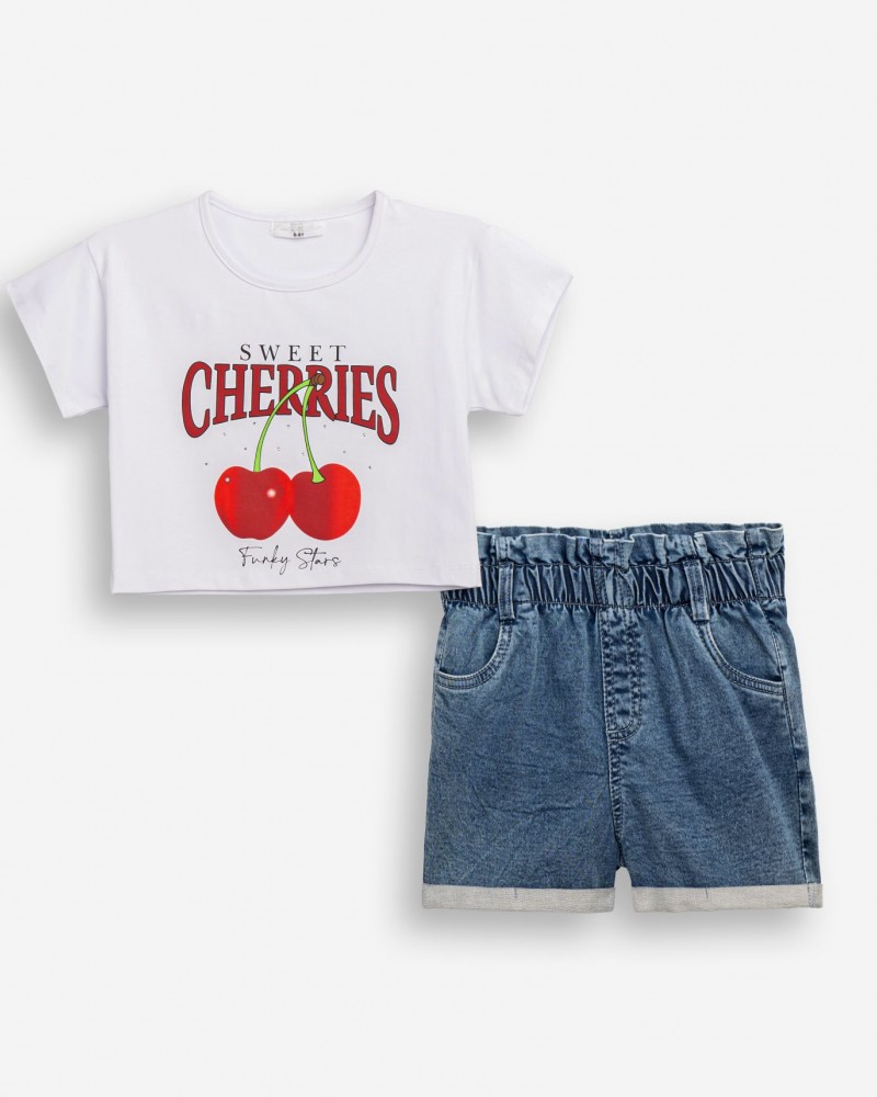 Εφηβικό Σετ με Μπλούζα Sweet Cherries Και Σορτς Τζιν Λύκρα Κορίτσι (6-16) -Λευκό- 
