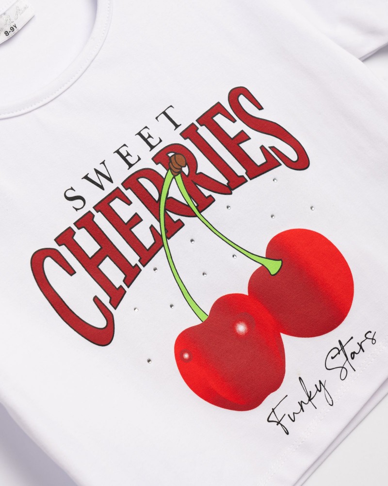 Εφηβικό Σετ με Μπλούζα Sweet Cherries Και Σορτς Τζιν Λύκρα Κορίτσι (6-16) -Λευκό- 