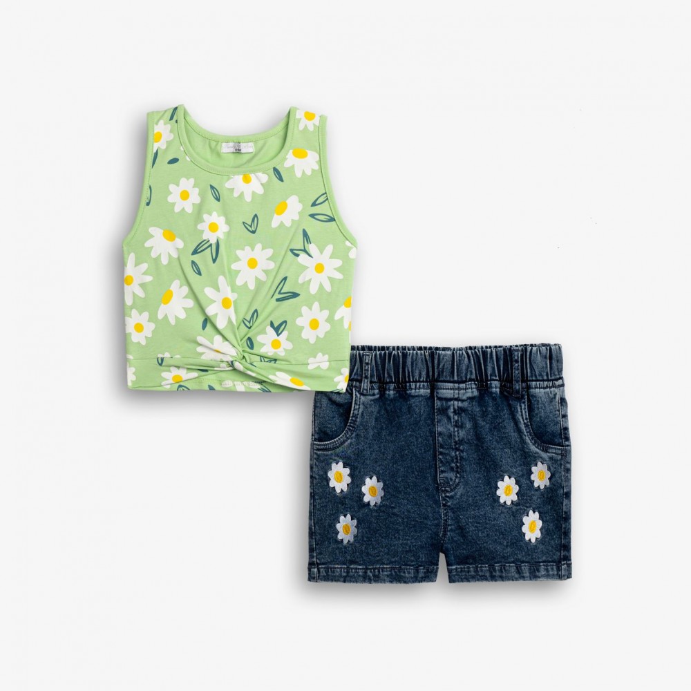 Εφηβικό Σετ με Αμάνικη Μπλούζα Frloral και Τζιν Σορτς Λύκρα Κορίτσι (6-16) –Μπλε Τζην– 126-526106-1