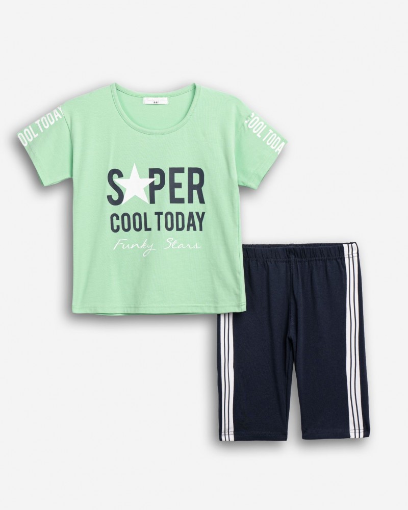 Εφηβικό Μακό Σετ με Μπλούζα Super Cool Today Και Ποδηλατικό Κολάν Κορίτσι (6-16) -Μέντα- 